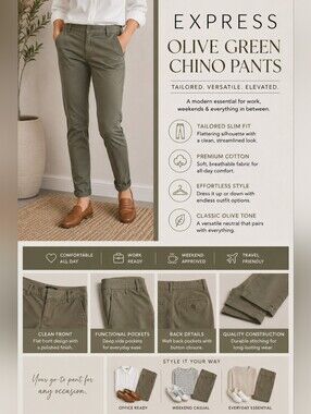 Express Olive Green Cotton Chino Pants Tailored Slim Fit Casual Business Casual
